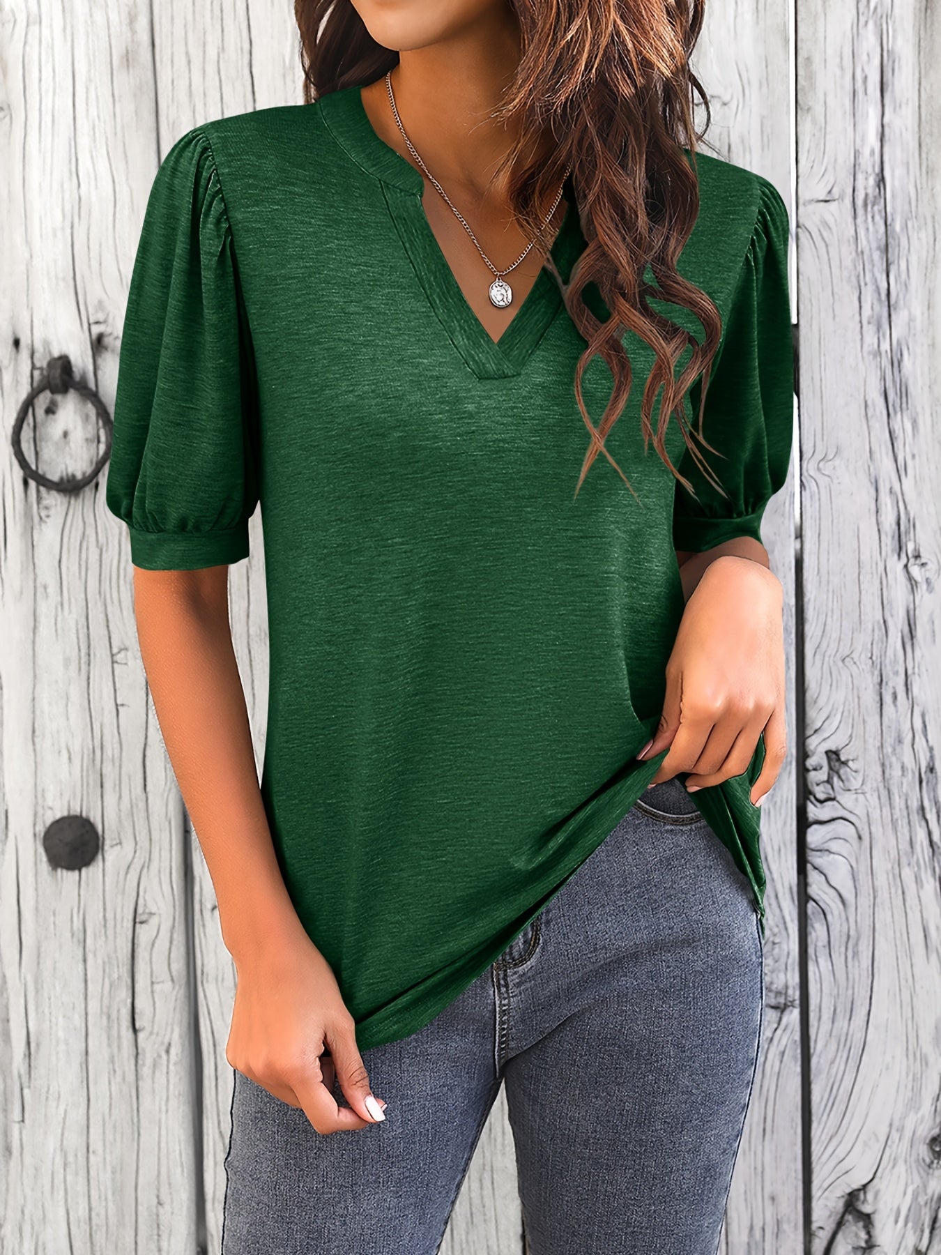 Solid Puff Sleeve T-Shirt, V Neck Short Sleeve T-Shirt, Casual Every Day Tops