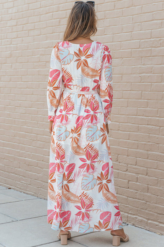 Tropical Plant Print Long Sleeve Wrap V-Neck Slit Maxi Dress
