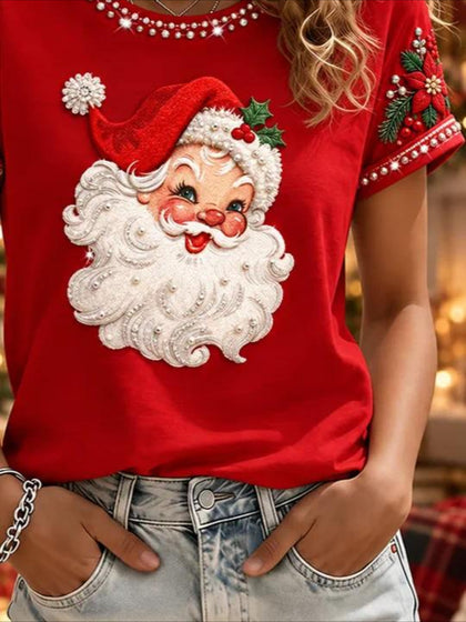 100% Cotton Red Santa Claus Printing Short Sleeve Crew Neck Top