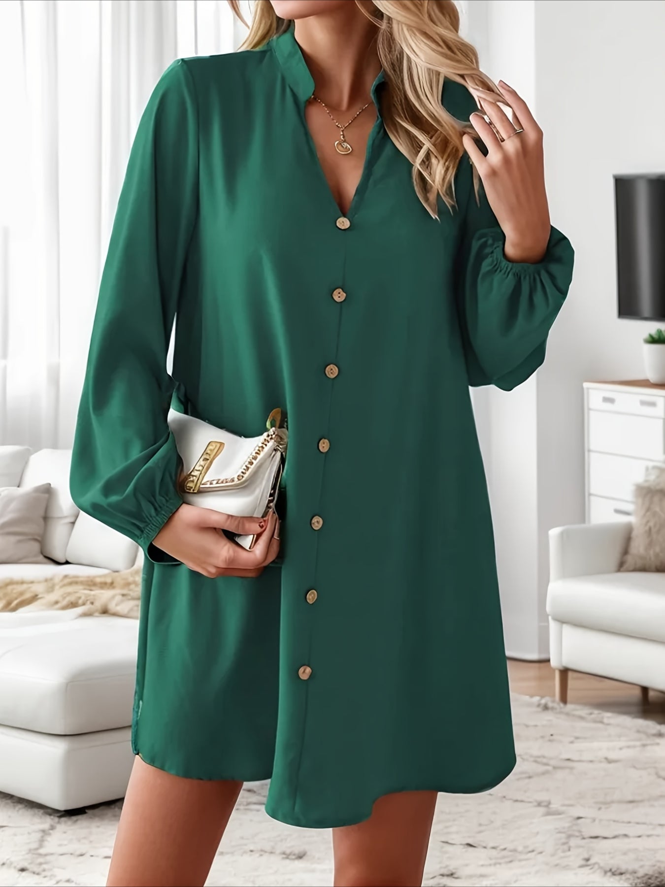 Solid Color V Neck Dress, Casual Long Sleeve Loose Fit Dress