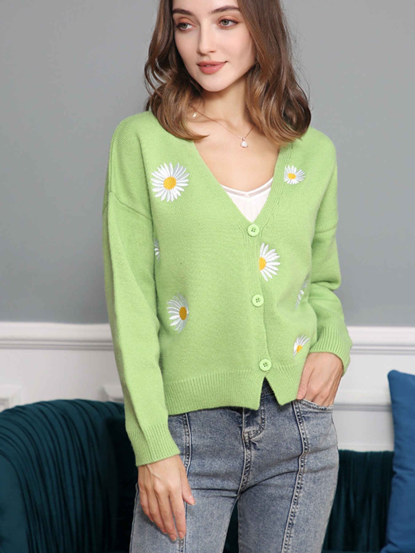 Daisy Pattern Embroidered Knitted Cardigan, Button Front Elegant Long Sleeve Sweater