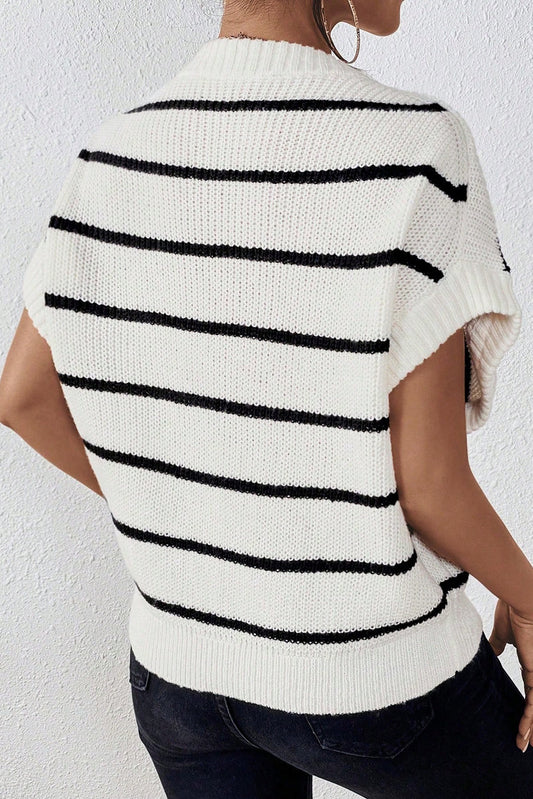 White Stripe Round Neck Batwing Sleeve Sweater