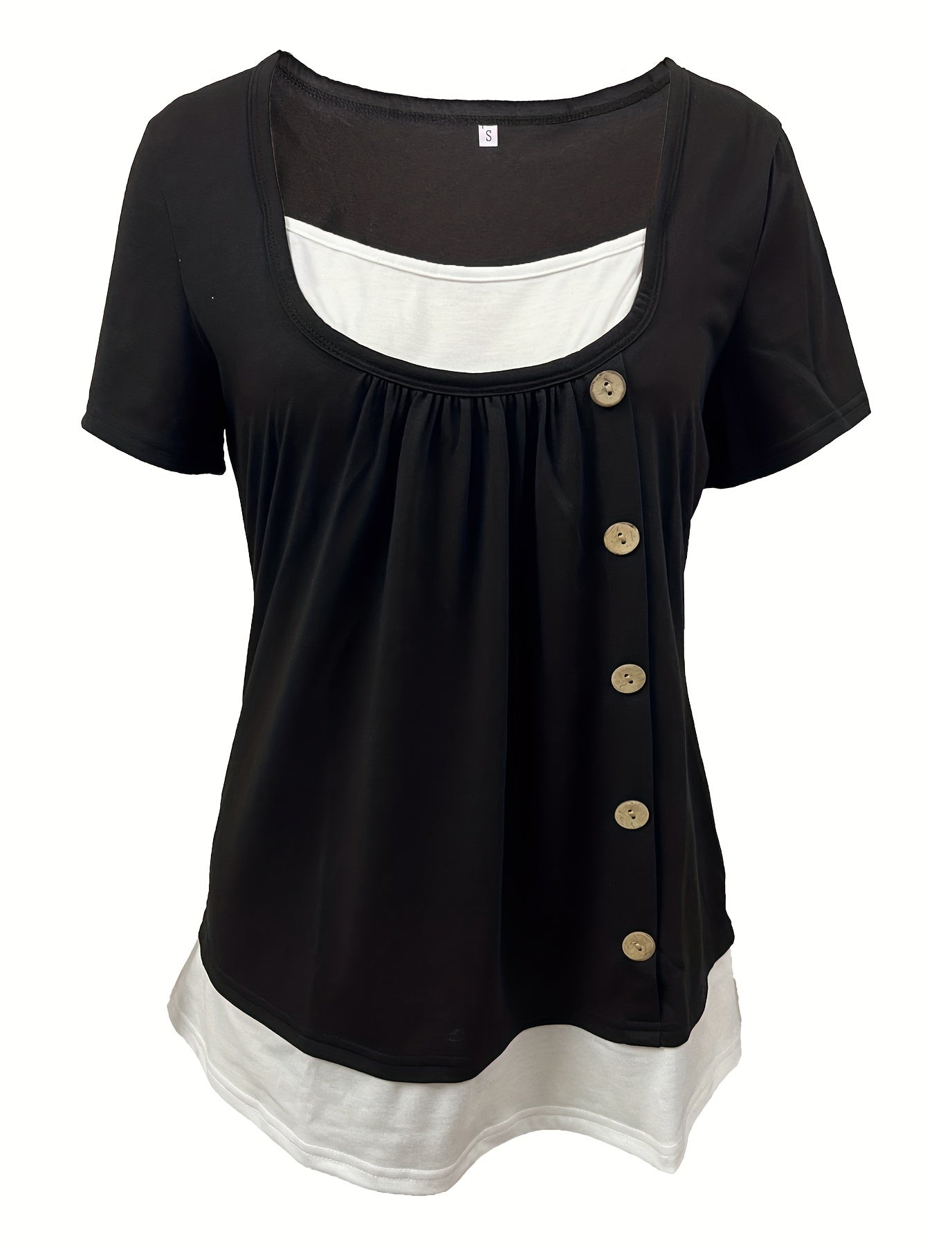 2 In 1 Color Block Button Front T-shirt, Casual Short Sleeve T-Shirt