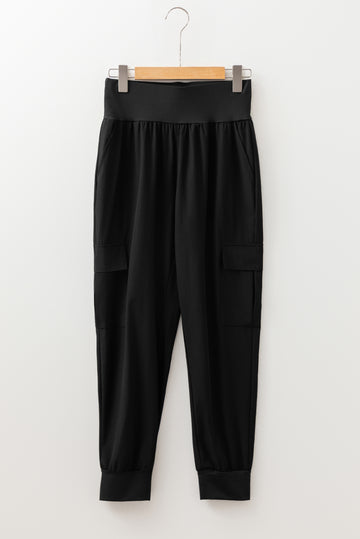Black Elastic High Waist Pocketed Cargo Jogger Pants
