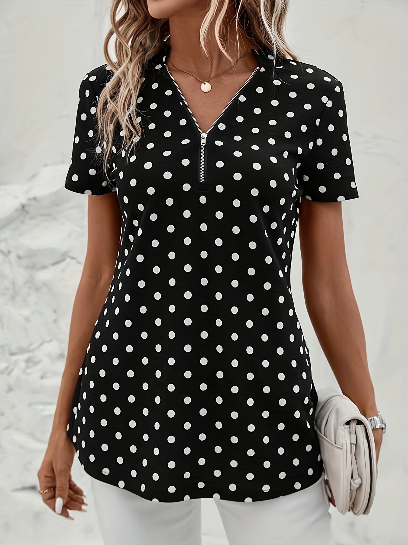 Polka Dots Print V Neck Blouse, Elegant Zipper Front Short Sleeve Blouse