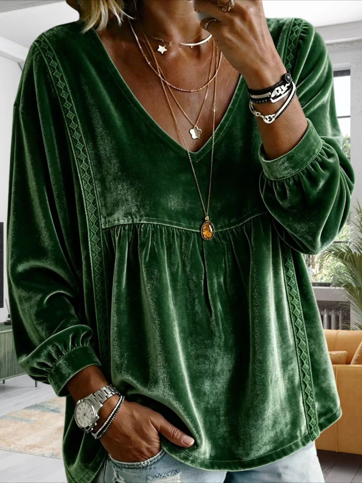 V-Neck Lace Trim Long Sleeve Velvet Blouse