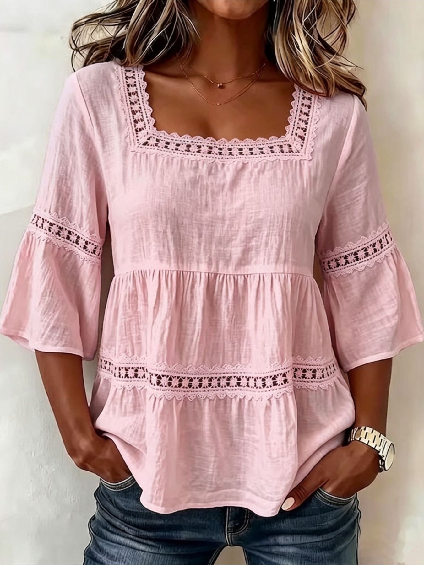 3/4-Length Bell Sleeves Square-Neck Lace-Panel Blouse