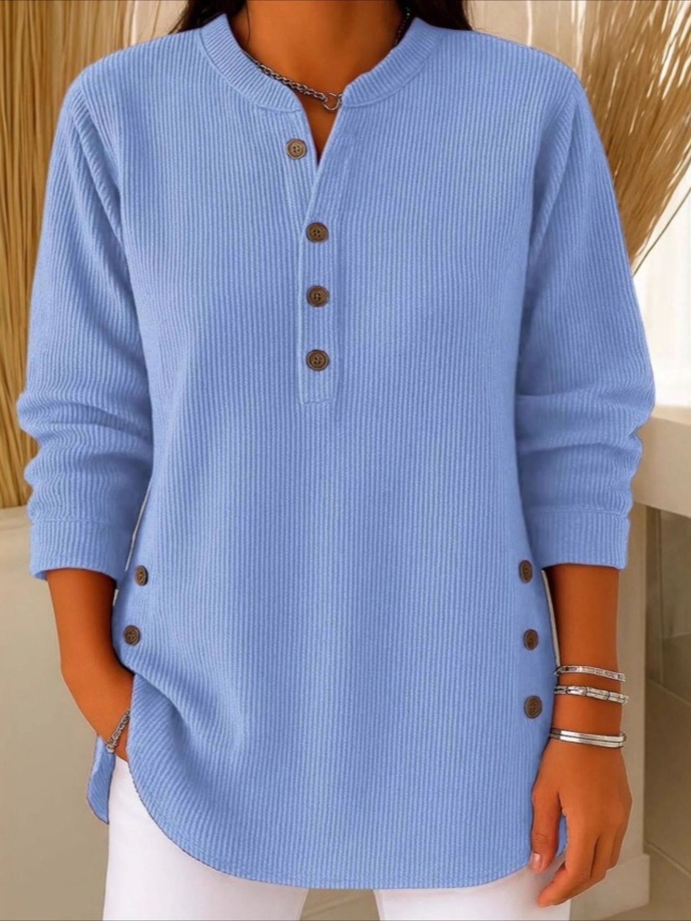 Corduroy Solid Color Loose Casual V-Neck Button Long Sleeve Top