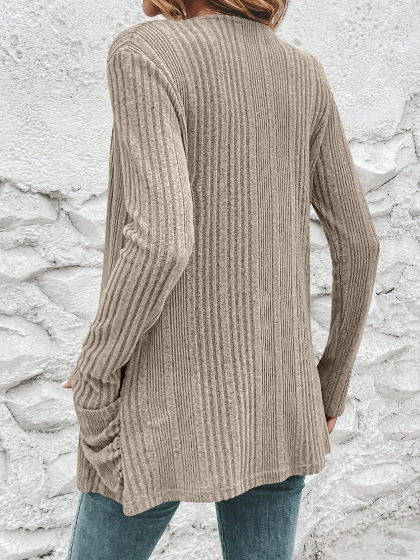 Solid Open Front Rib Knit Cardigan, Casual Long Sleeve Slim Cardigan With Pocket