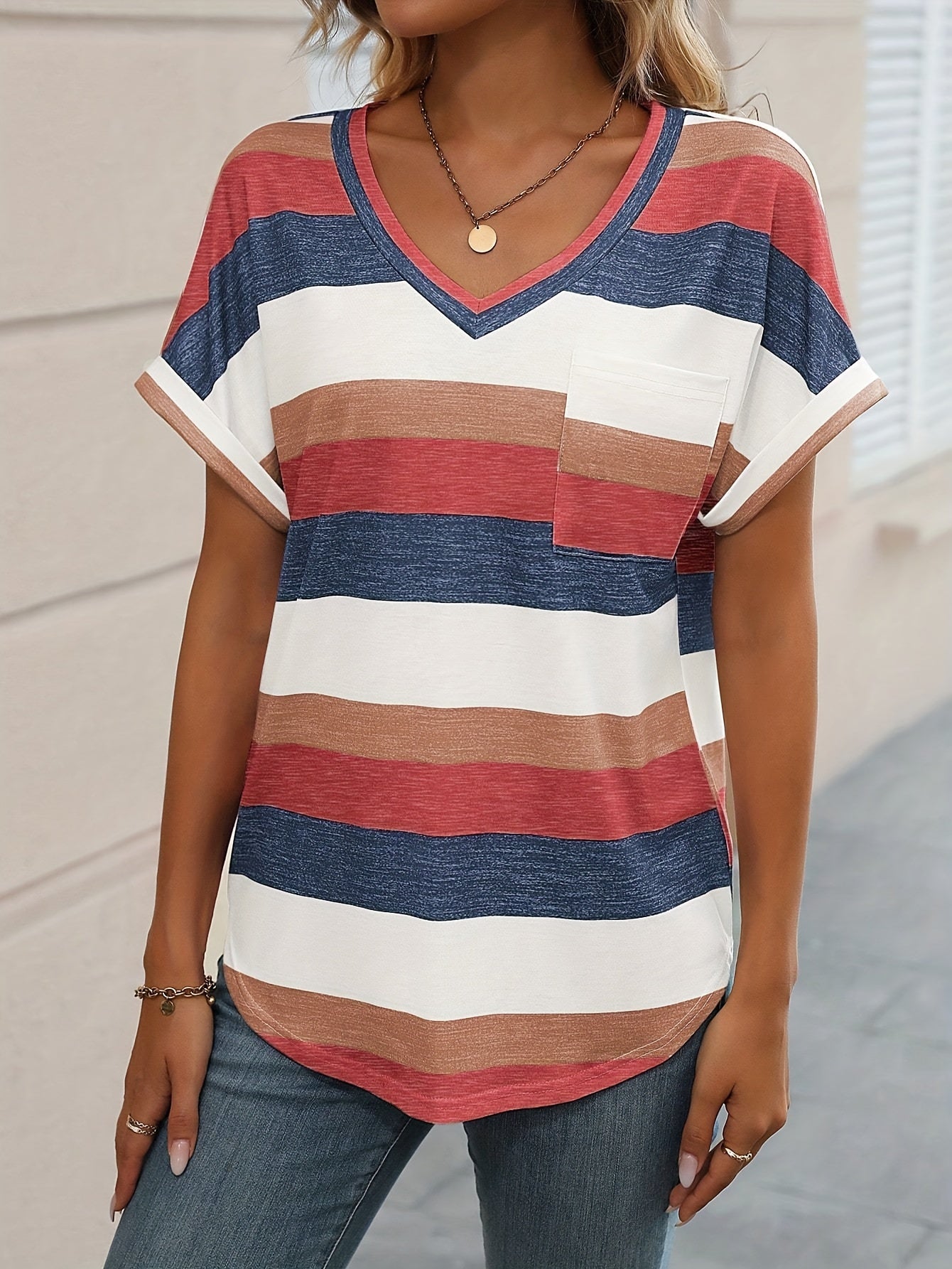 Stripe Print V Neck T-Shirt, Casual Short Sleeve T-Shirt