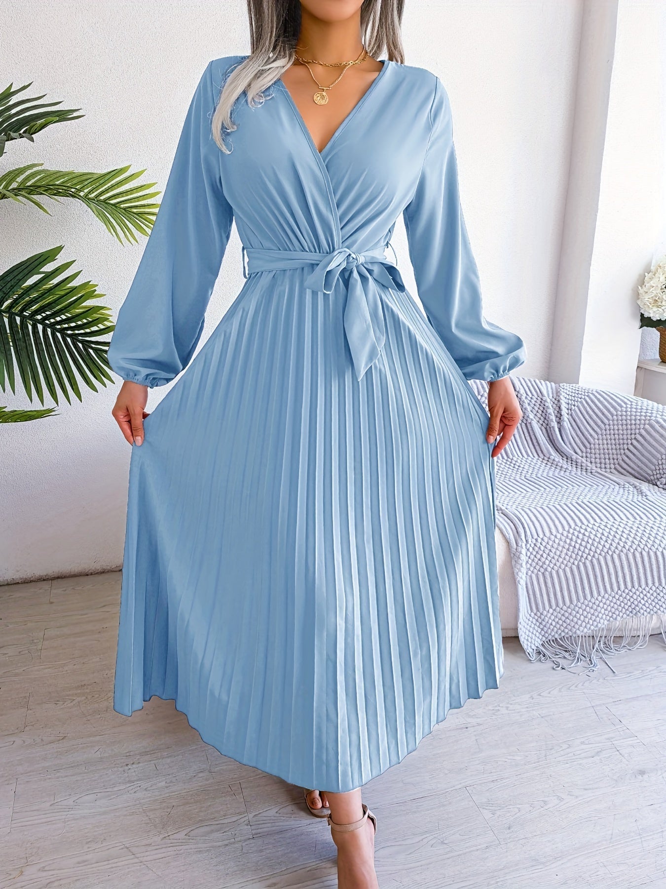 Pleated Surplice Neck Dress, Elegant Long Sleeve Solid Dress, Women's Clothing