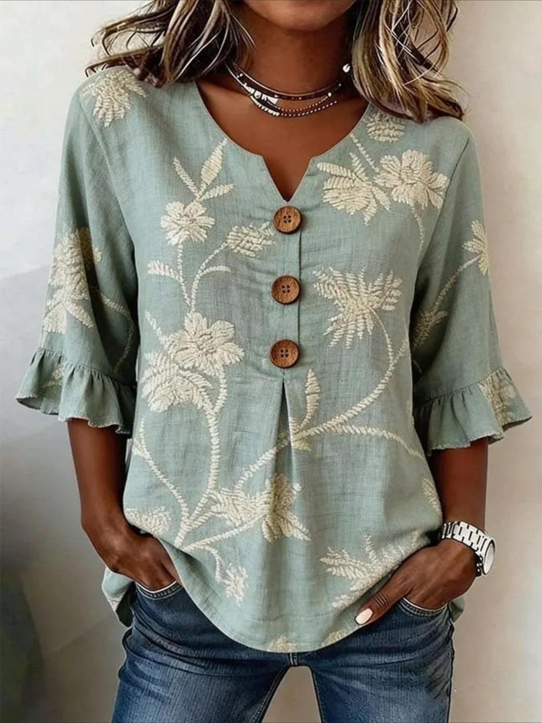 Floral V Neck Button Short Ruffle Sleeve Casual Top