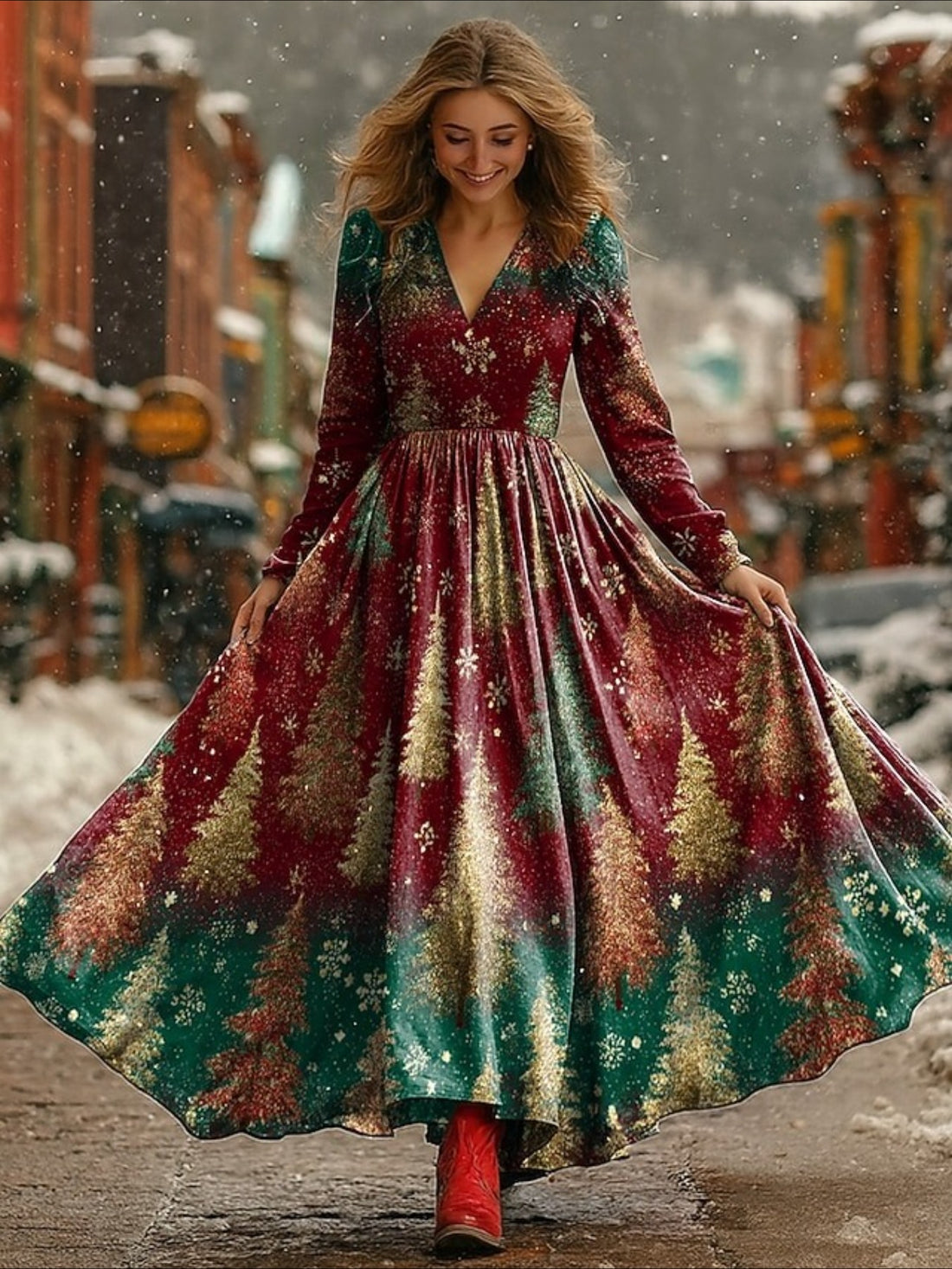 Christmas Pleated Party Long Sleeve V Neck Maxi Dress