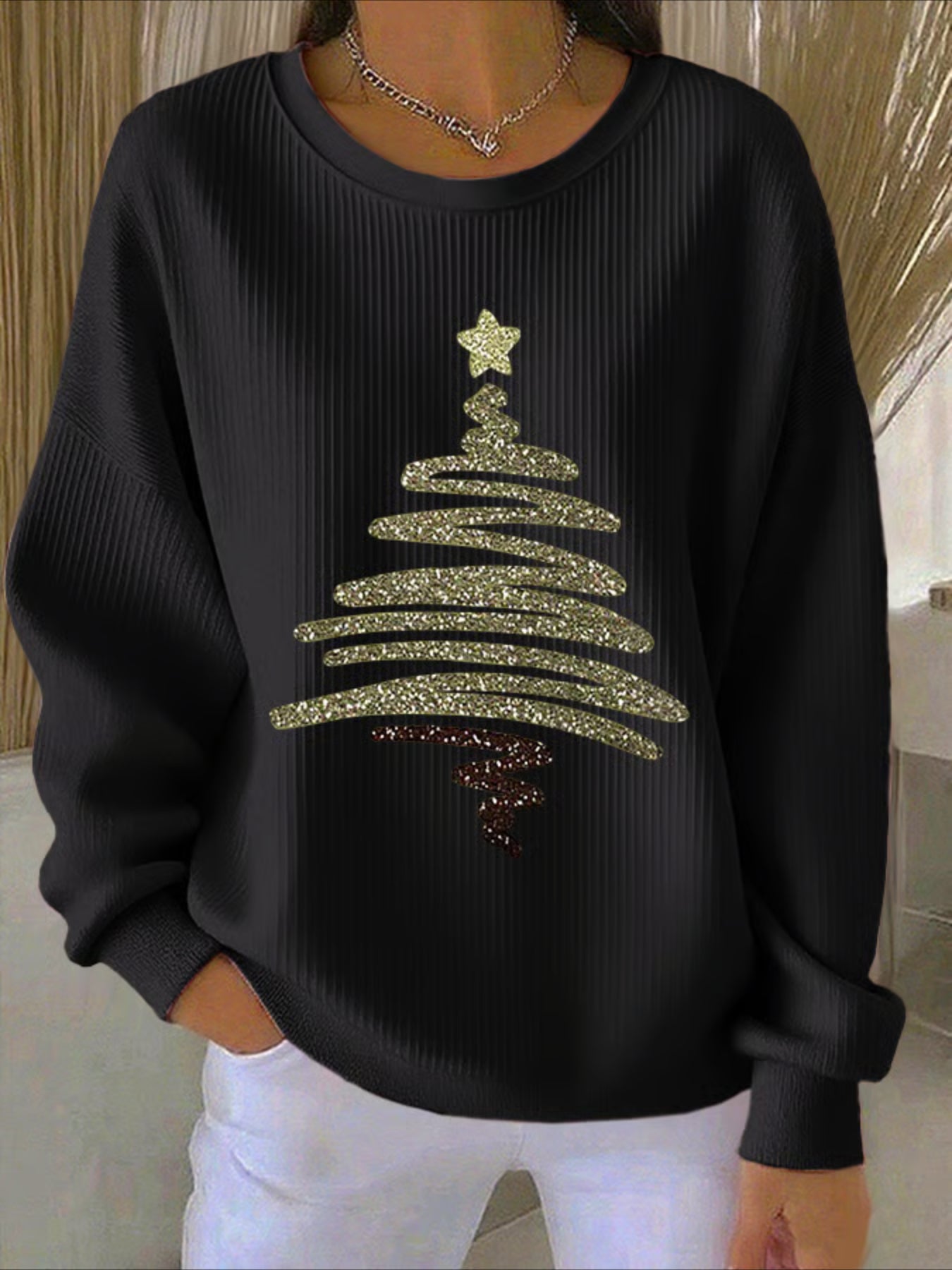 Christmas Printed Crew Neck Floral Long Sleeve Comfy Casual Sweater Hoodie