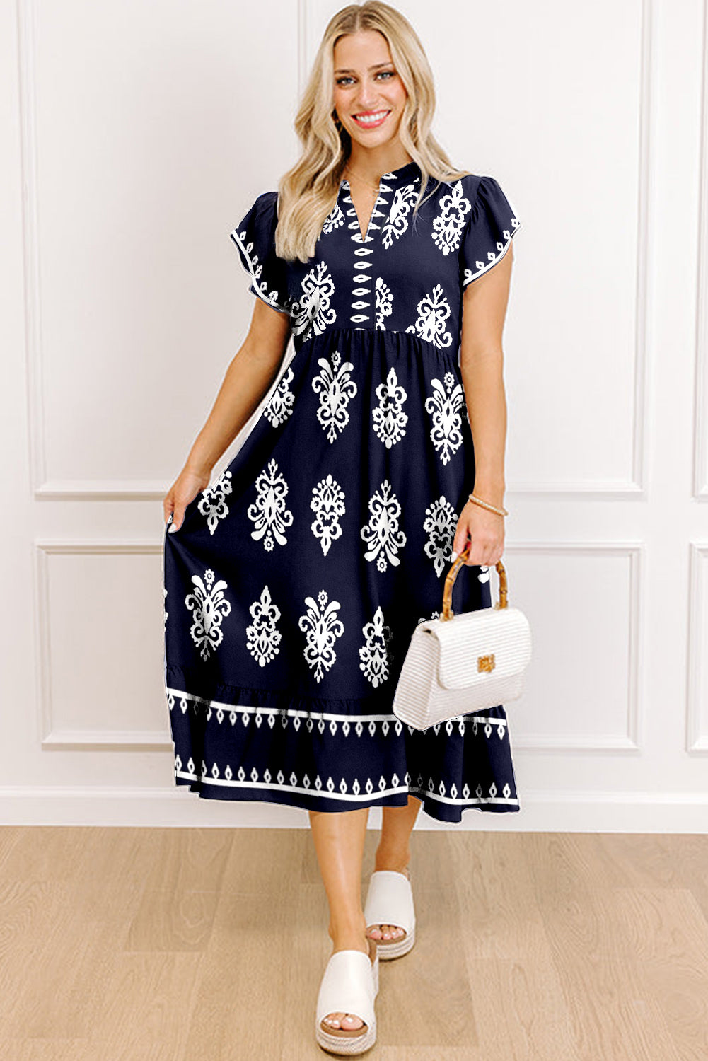 Blue Western Ethnic Print Notched Neck Short Sleeve Midi Dress