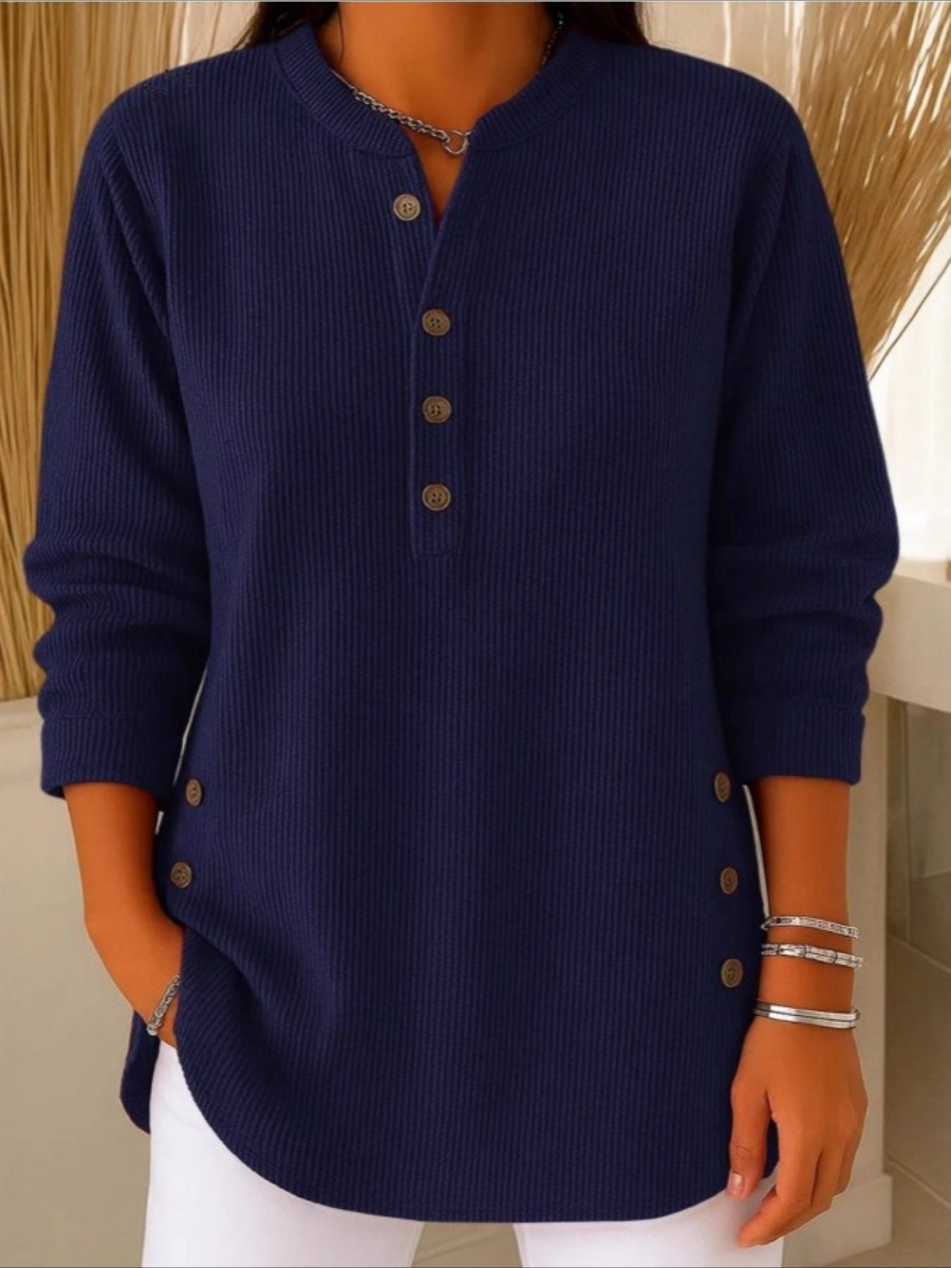Corduroy Solid Color Loose Casual V-Neck Button Long Sleeve Top