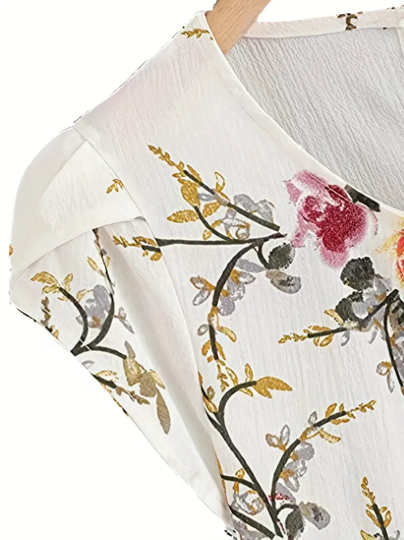 Vintage Floral Print Blouse, Elegant Crew Neck Petal Sleeve Keyhole Blouse