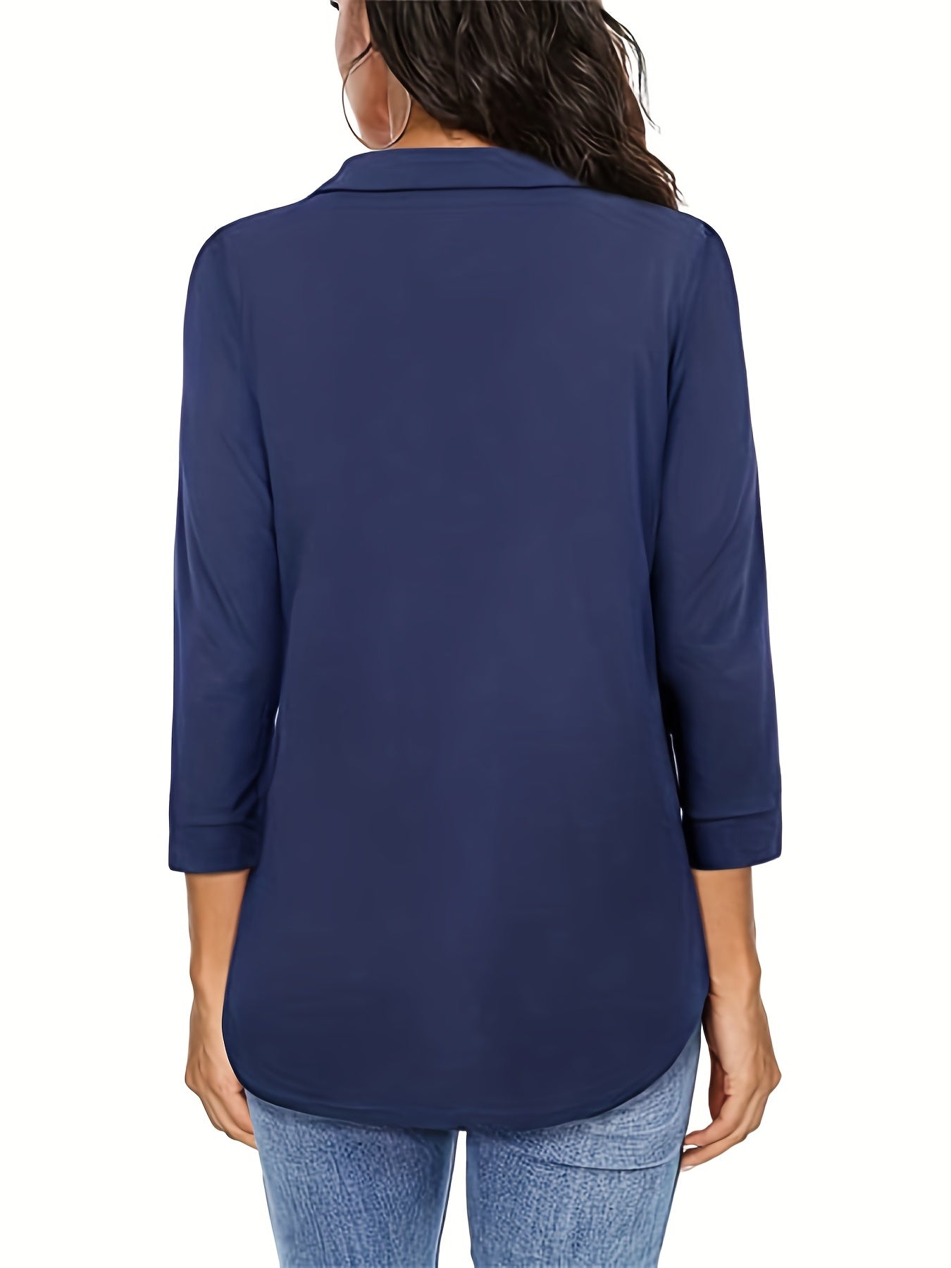 Solid V-neck Blouse, Casual 3/4 Sleeve Blouse