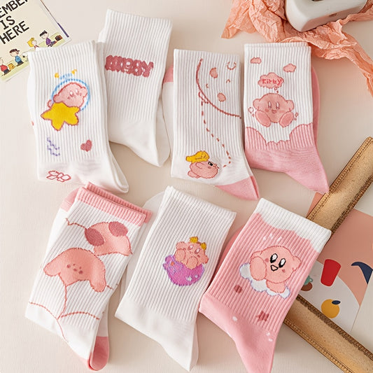 3/5/7 pairs Cute & Soft Pink Mid Tube Socks, Japanese Cartoon Sock Pack