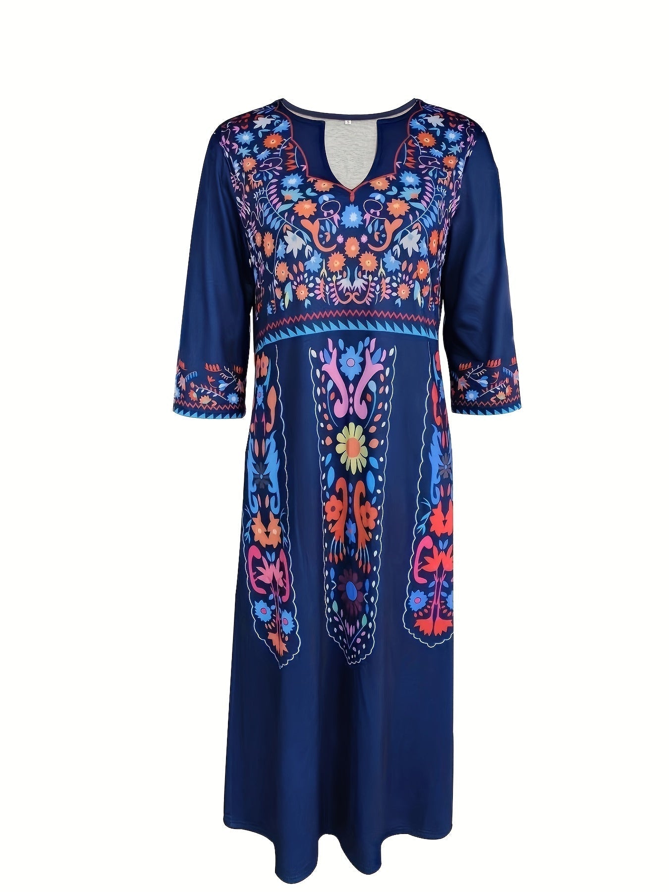 Ethnic Print Dual Pockets Dress, Casual Half Sleeve V-neck Dress