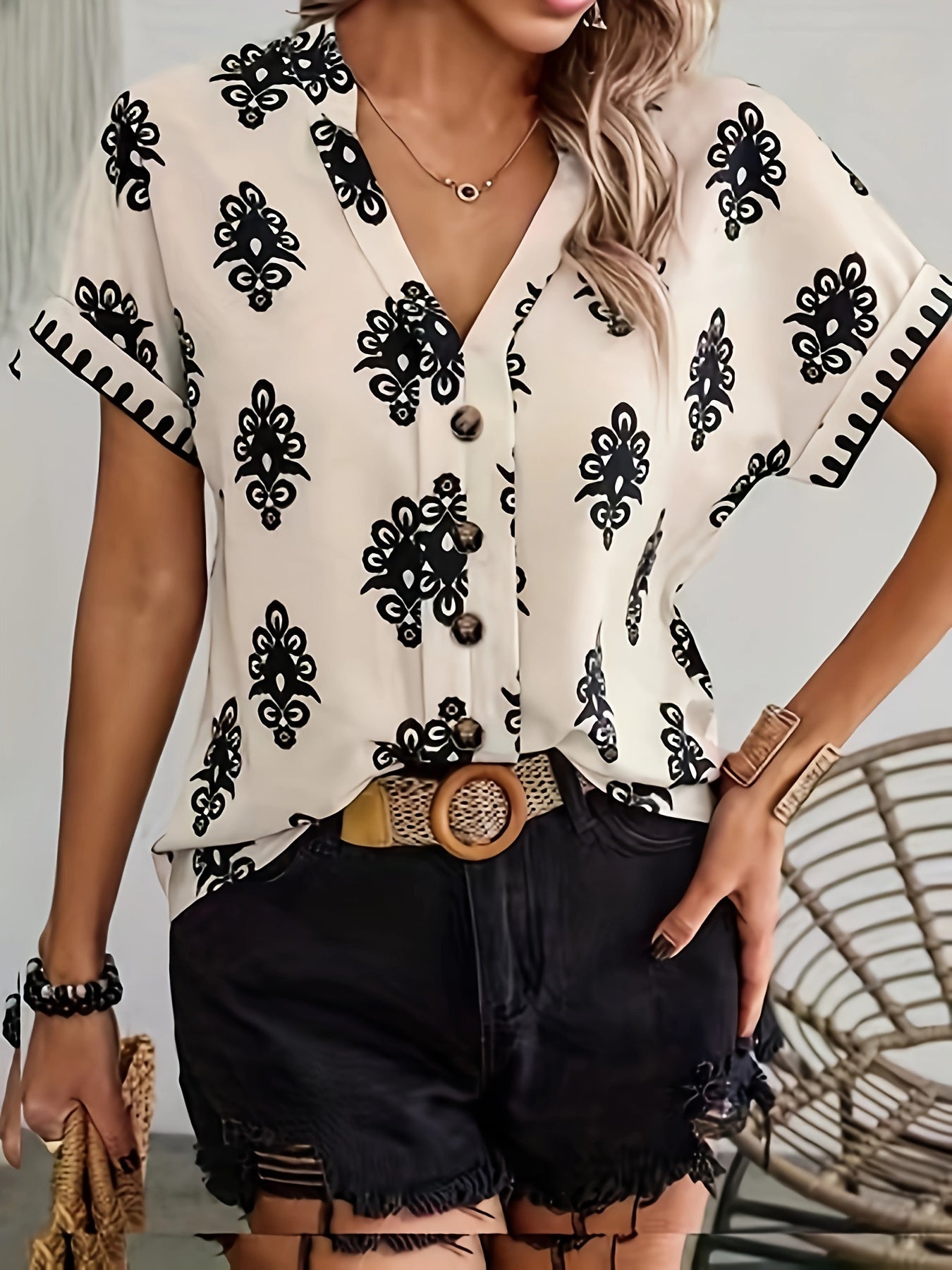 Allover Print Button Decor Blouse, Elegant V Neck Short Sleeve Blouse