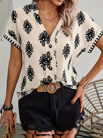 Allover Print Button Decor Blouse, Elegant V Neck Short Sleeve Blouse