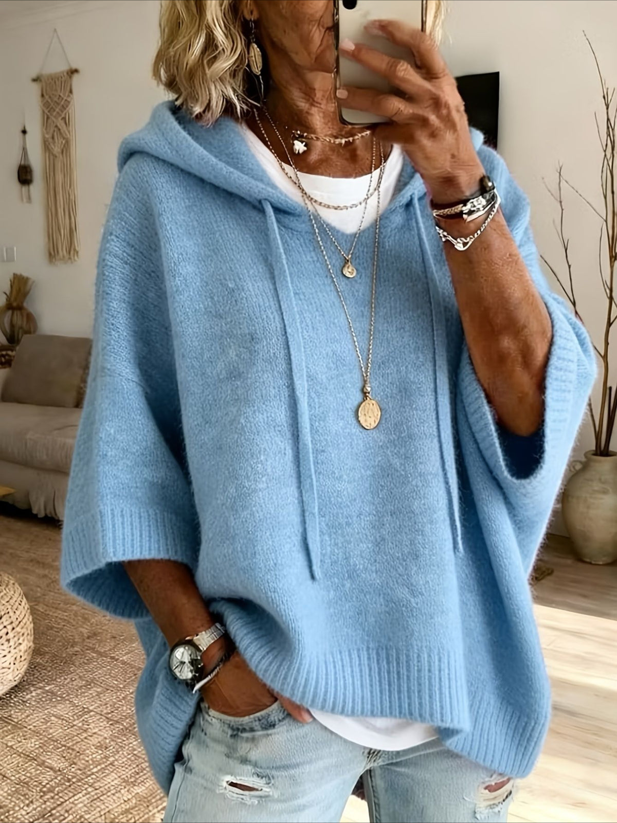 Solid Color Casual Hooded Batwing Sleeve Knit Sweater
