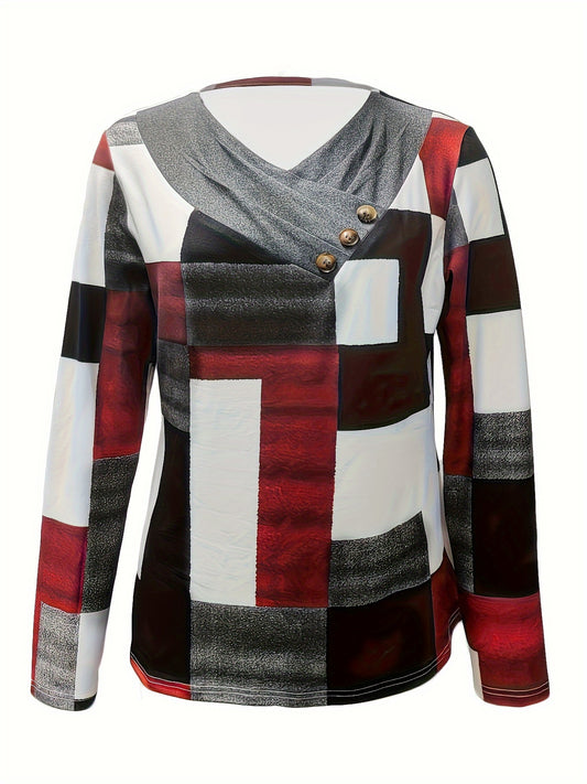 Colorblock Print Ruched T-Shirt, Casual Long Sleeve Top