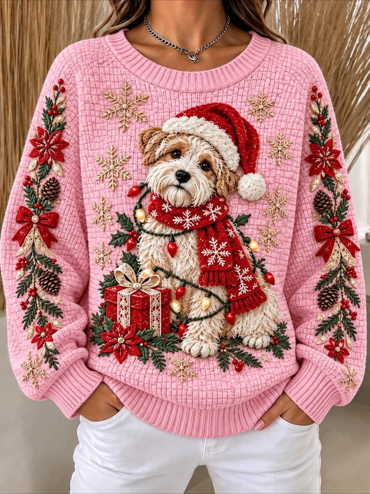 Christmas Dog Print Waffle Knit Sweatshirt