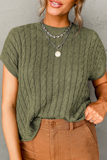 Jungle Green Crew Neck Cable Knit Short Sleeve Sweater