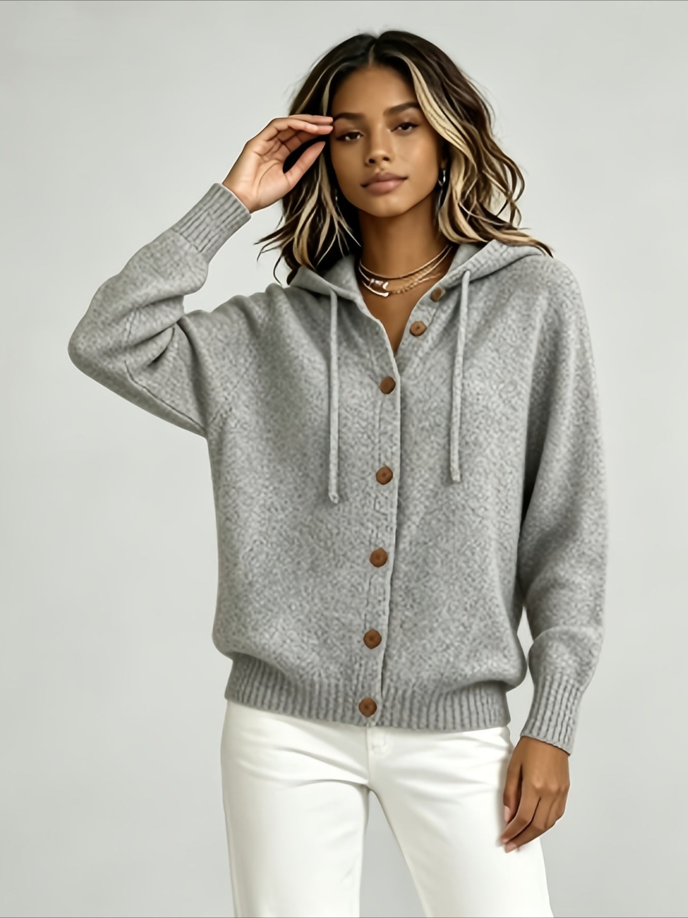 Solid Color Casual Hooded Cardigan Coat with Buttons
