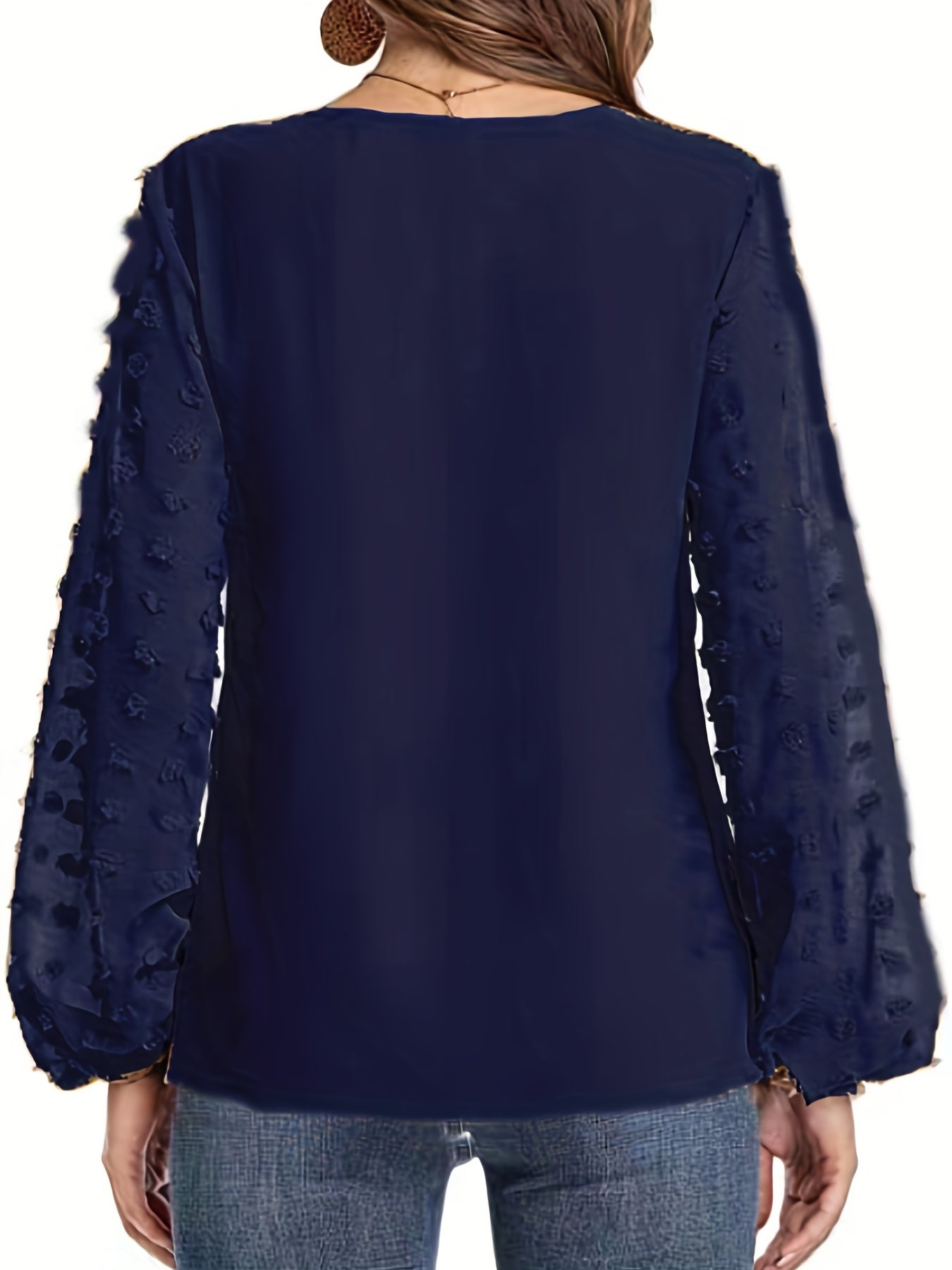 Swiss Dot Sleeve Shirt, Casual V Neck Solid Shirt