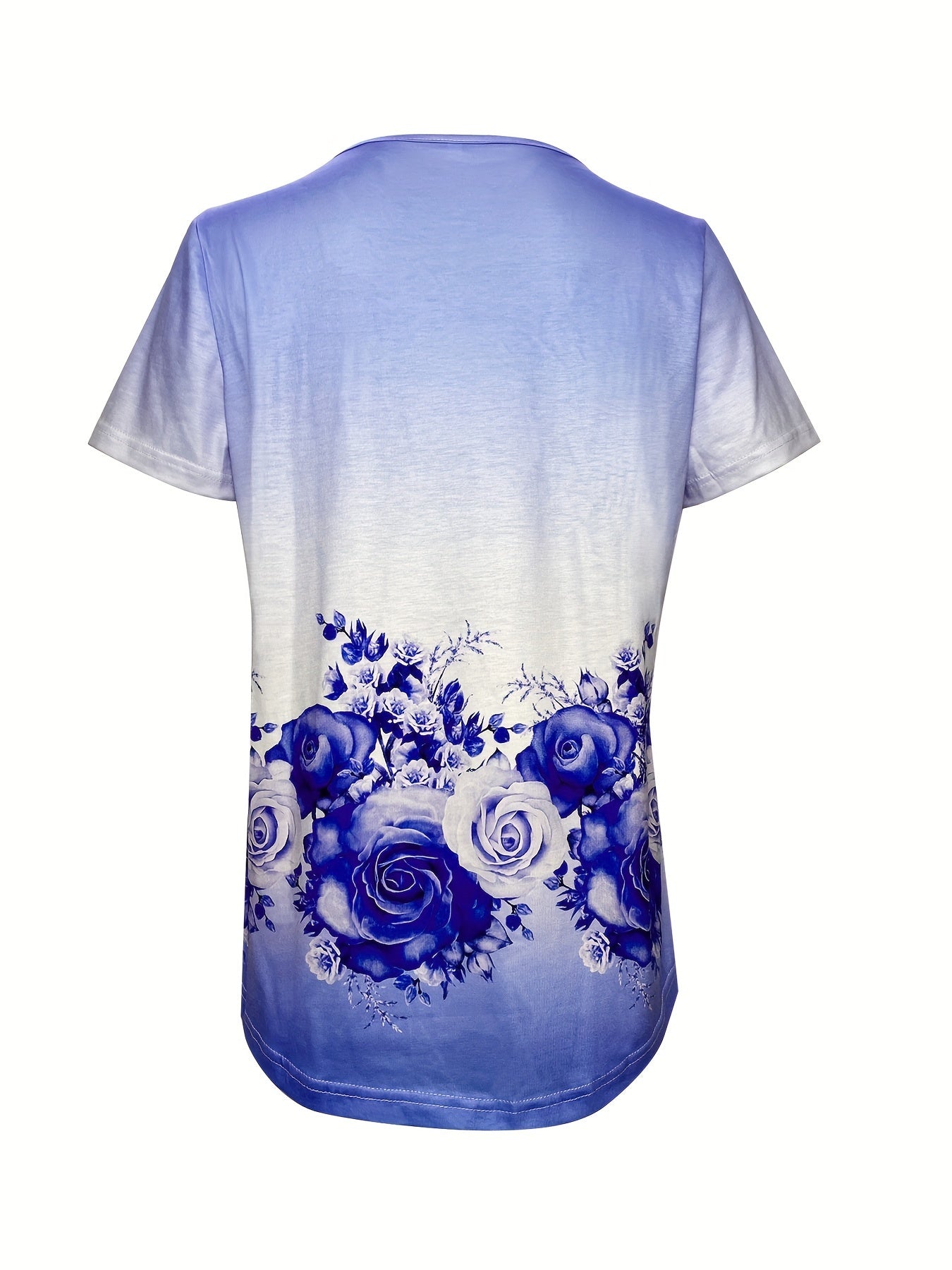 Floral Print T-Shirt, Casual Ombre Square Neck Short Sleeve T-Shirt