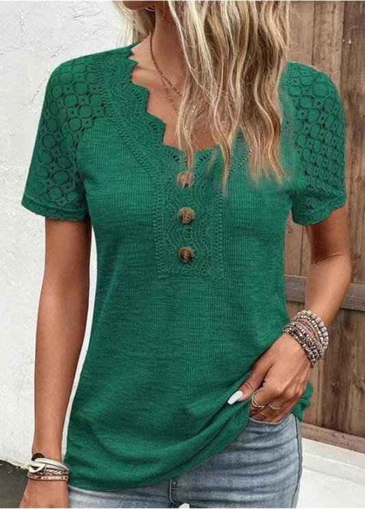 Solid Color Hollow Out Design Lace Button Decor See Through V-Neck Short Sleeve T-Shirt