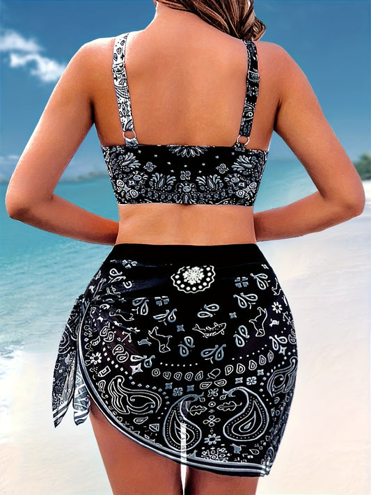Black & White Paisley Floral Print Knot 2 Piece Set Bikini, Ring Hollow Out Stretchy Cross Top & Skorts Swimsuits