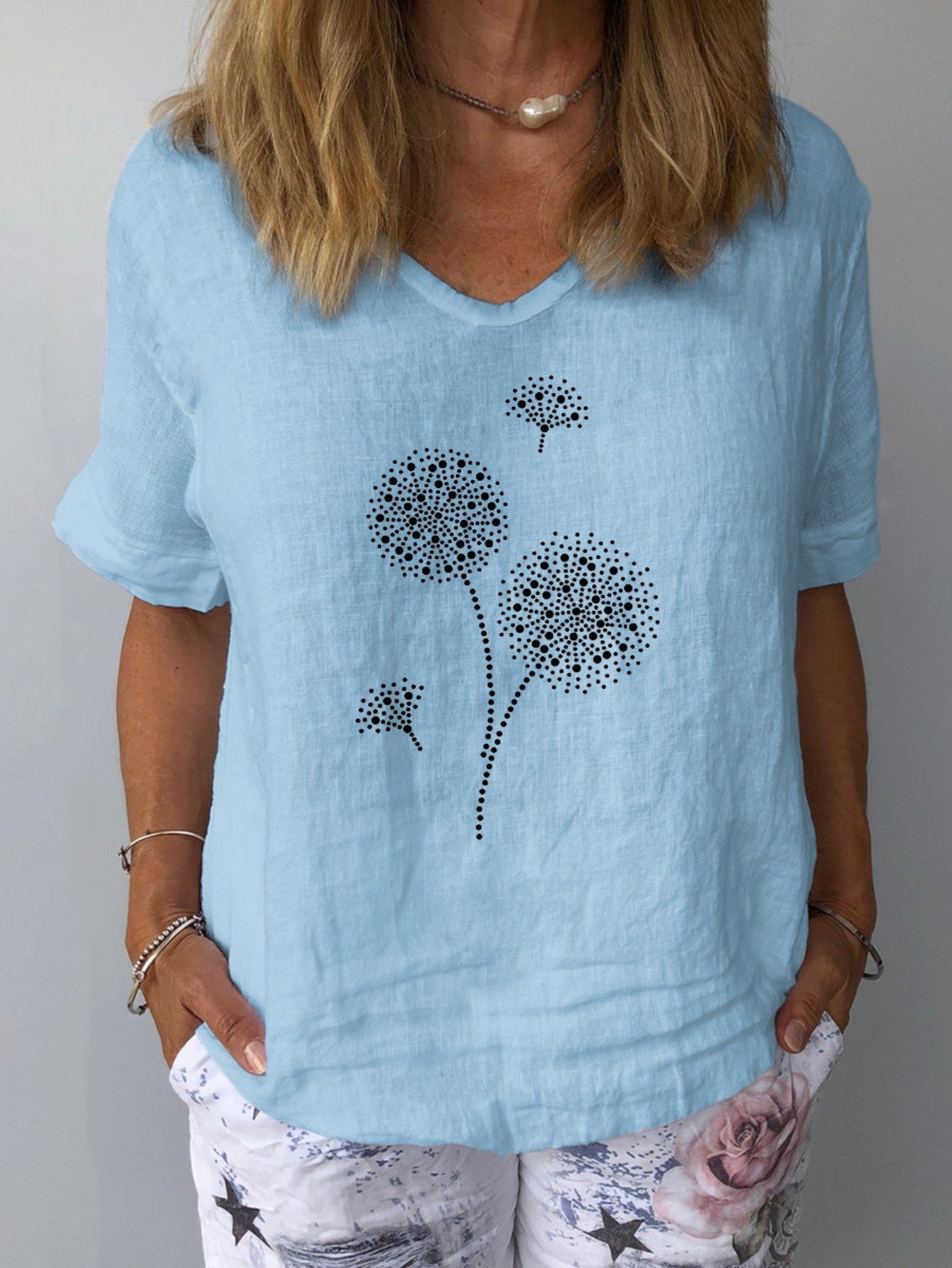 Women's Short Sleeve V-neck Tunic Printed Pullover T-shirts
