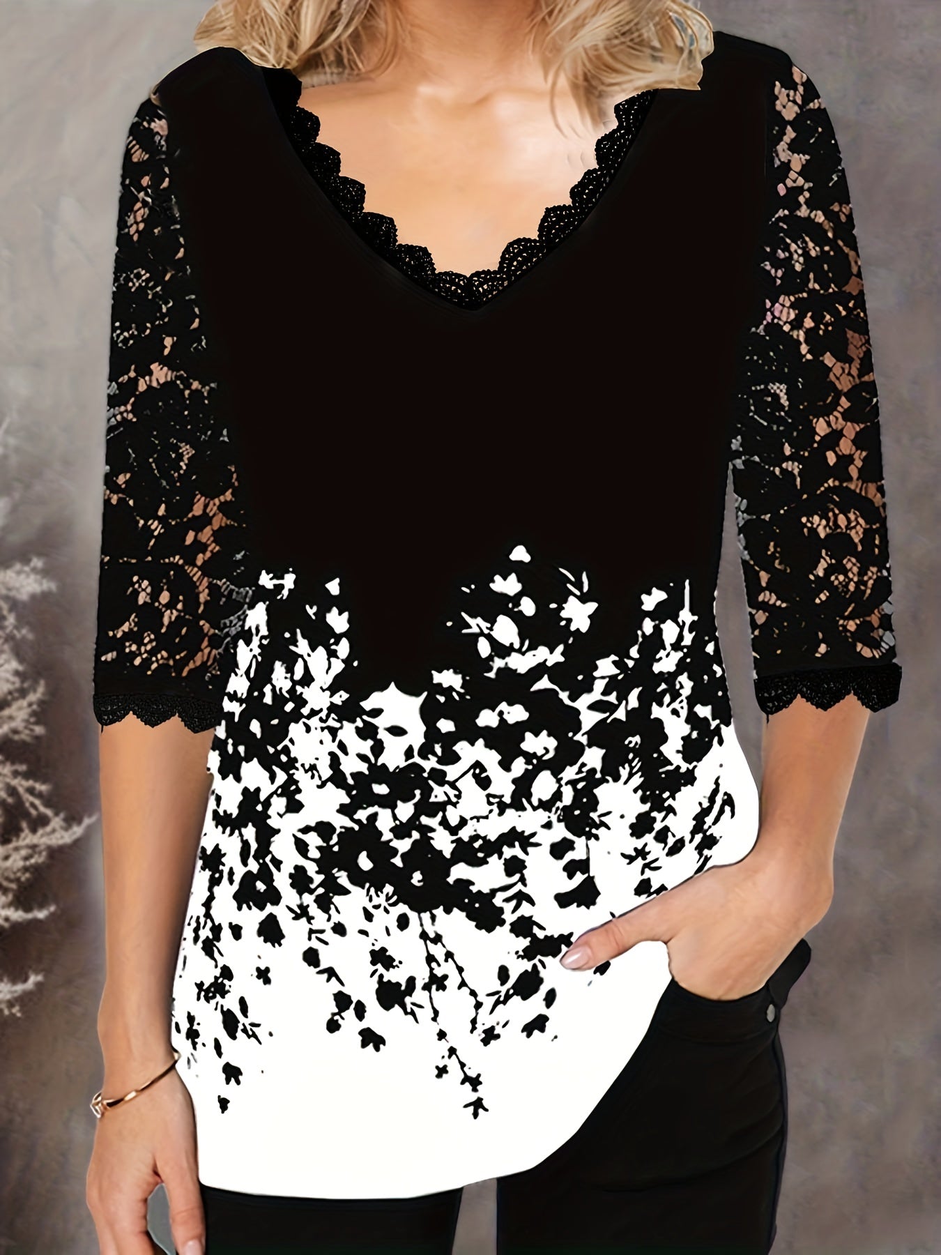 Floral Print Contrast Lace T-shirt, V Neck Half Sleeve T-Shirt, Casual Every Day Tops