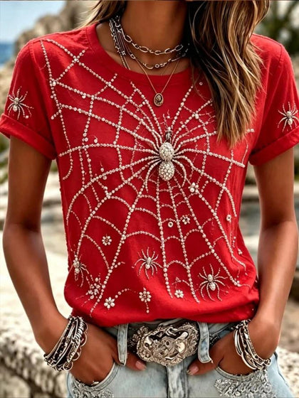 100% Cotton Casual Spider Graphic Printing Crew Neck Short Sleeve T-shirt