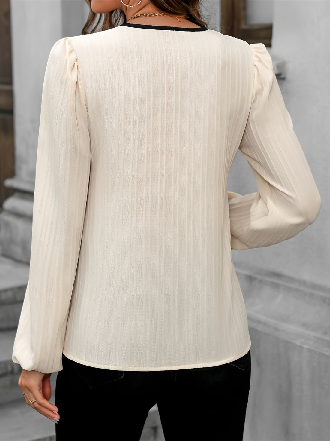 Women's Casual Spring & Fall Lantern Sleeve Blouse with Contrast Trim Notched Neck, Perfect for Everyday Wear