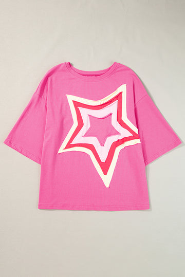 Bonbon Colorblock Star Patched Half Sleeve Oversized Tee