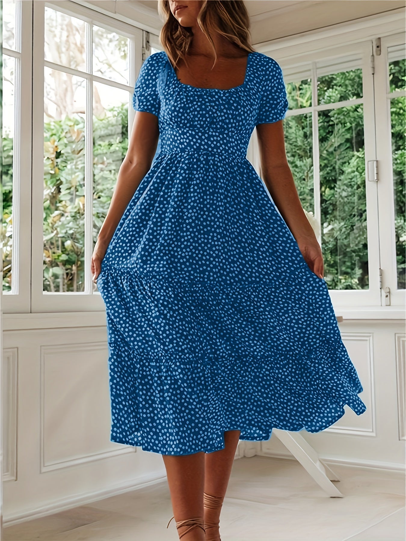 Polka Dot Ruffle Hem Dress, Casual Square Neck Short Sleeve Dress