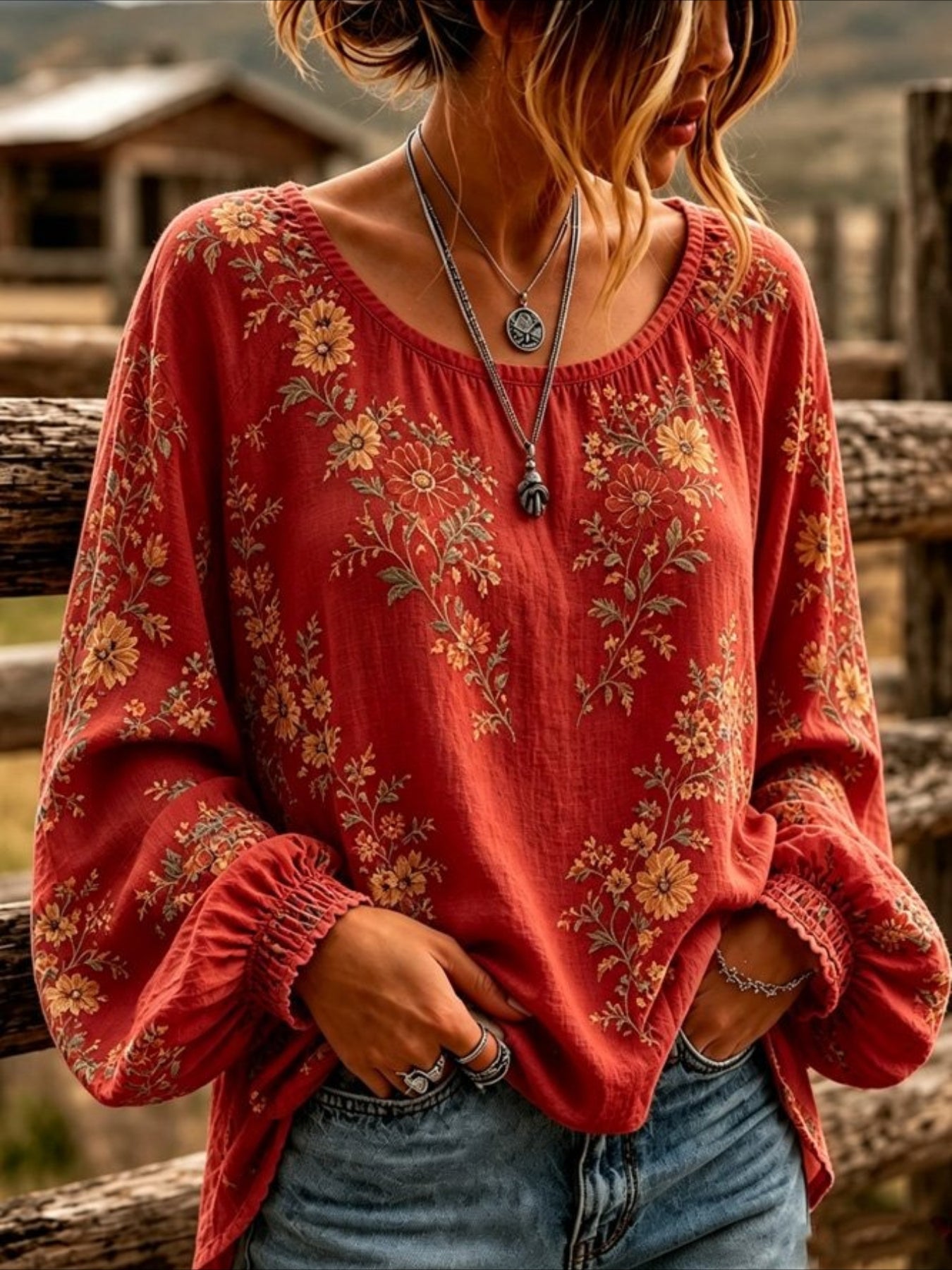 Daisy Floral Crew Neck Long Sleeve Blouse