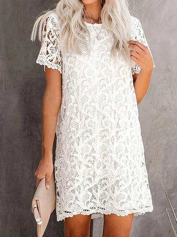 Floral Lace Stitching Dress, Elegant Short Sleeve Dress