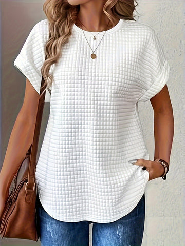 Plaid Textured Solid T-Shirt, Casual Short Sleeve Top