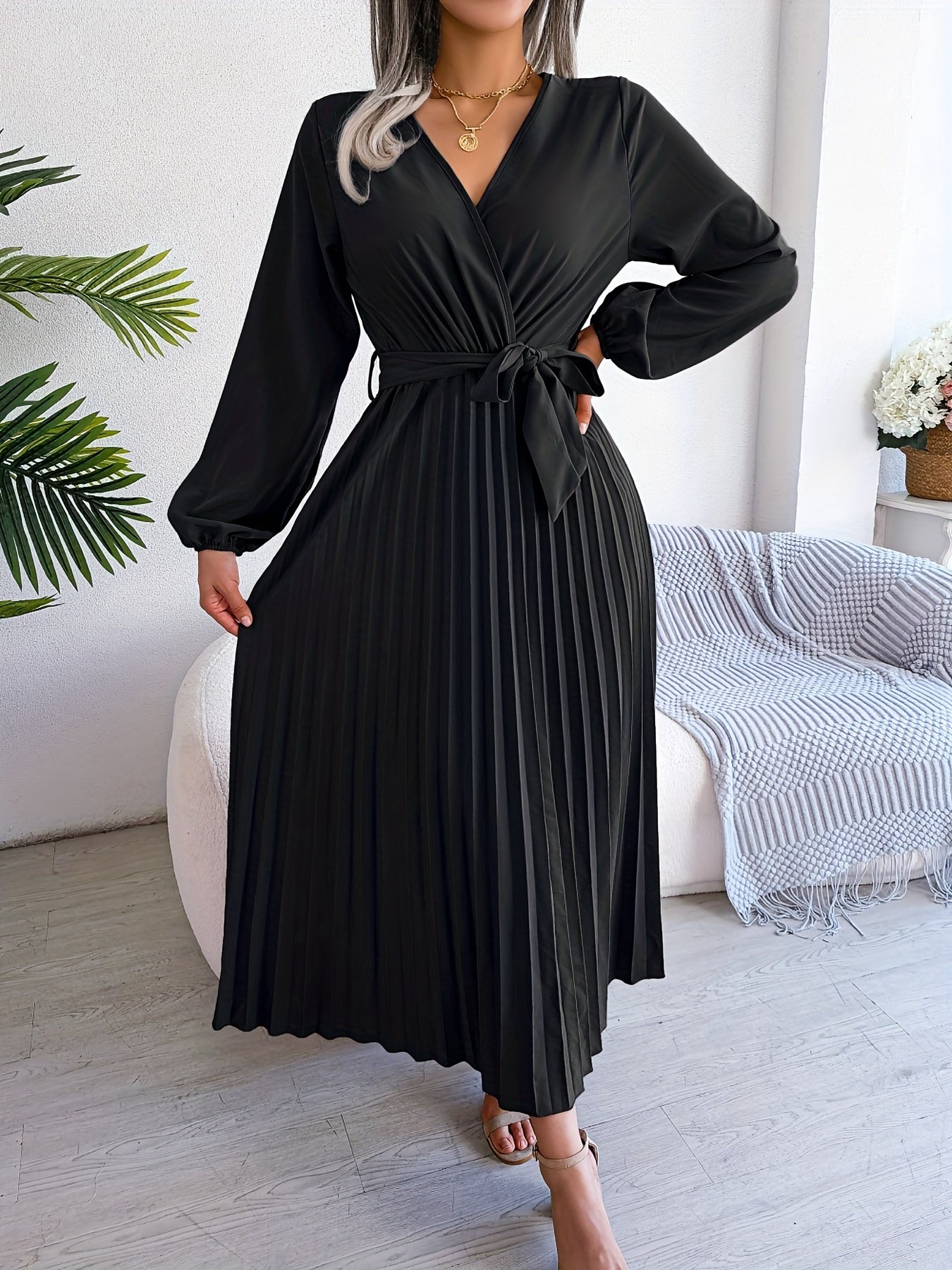 Pleated Surplice Neck Dress, Elegant Long Sleeve Solid Dress, Women's Clothing