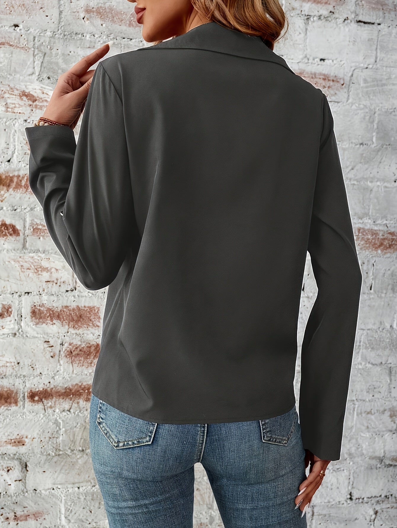 Solid Color Zip Up Jacket, Elegant Long Sleeve Flap Detail Jacket