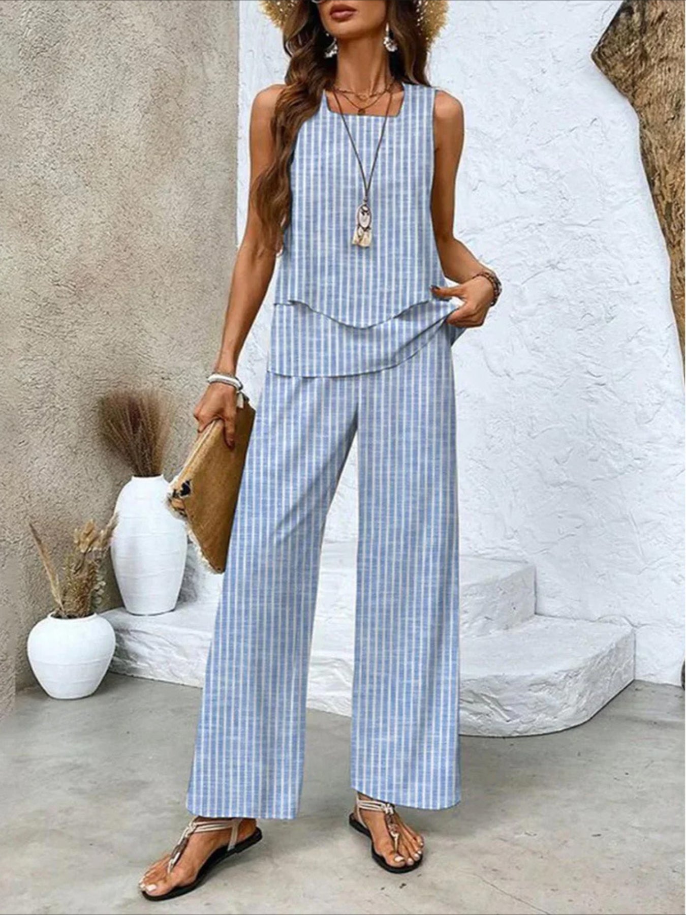 Crew Neck Sleeveless Layered Tank Top & Wide Leg Pants