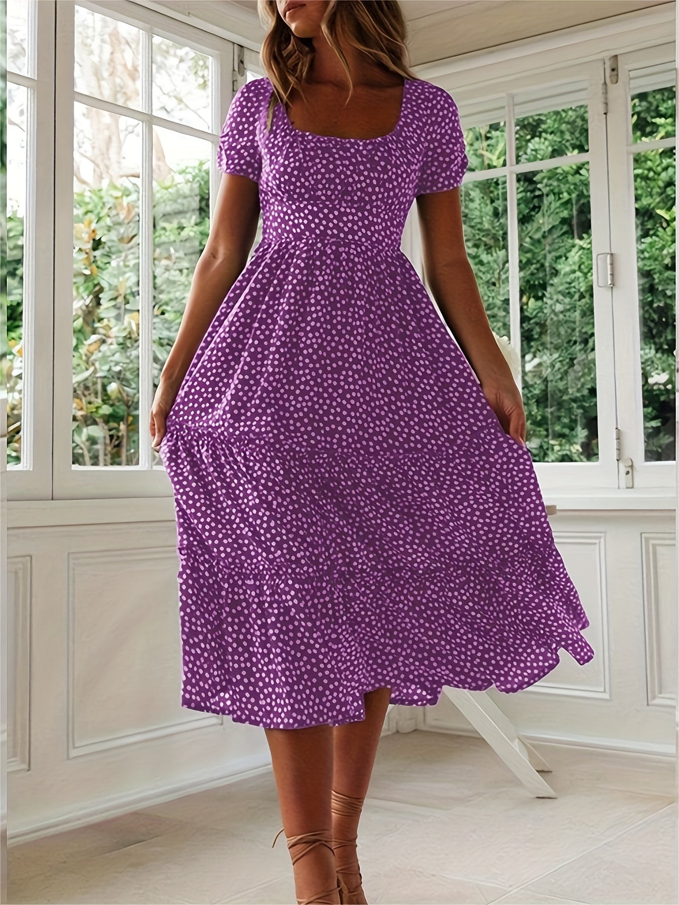 Polka Dot Ruffle Hem Dress, Casual Square Neck Short Sleeve Dress