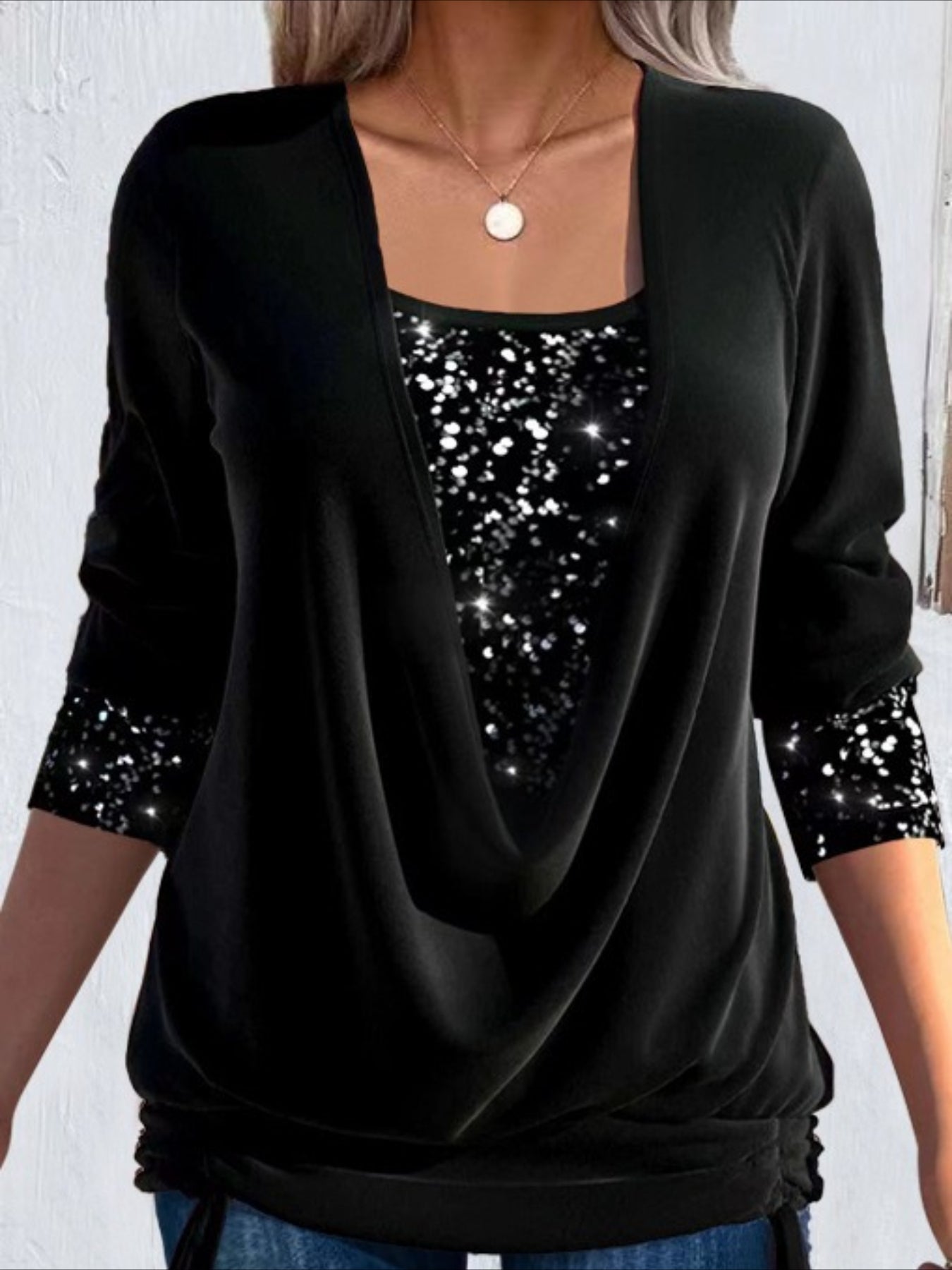 Fake Two-piece Vintage Plain U-Neck Long Sleeve T-shirt