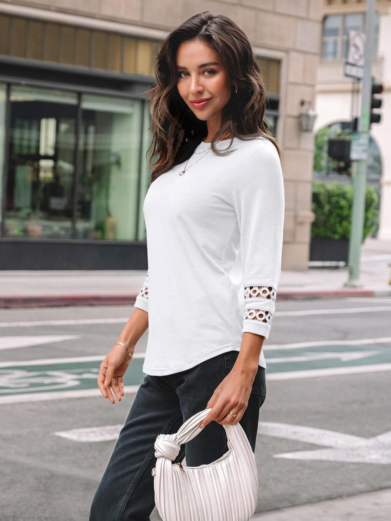 3/4 Length Sleeve Crewneck Lace Tunic Tops